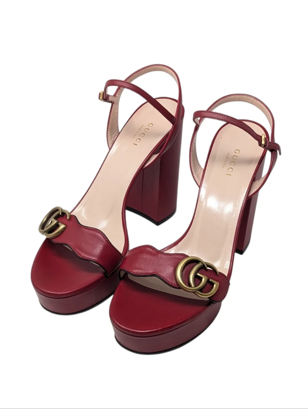 Gucci Marmont Red Platform Scalloped Dress Up Heeled Sandal Size EU 39